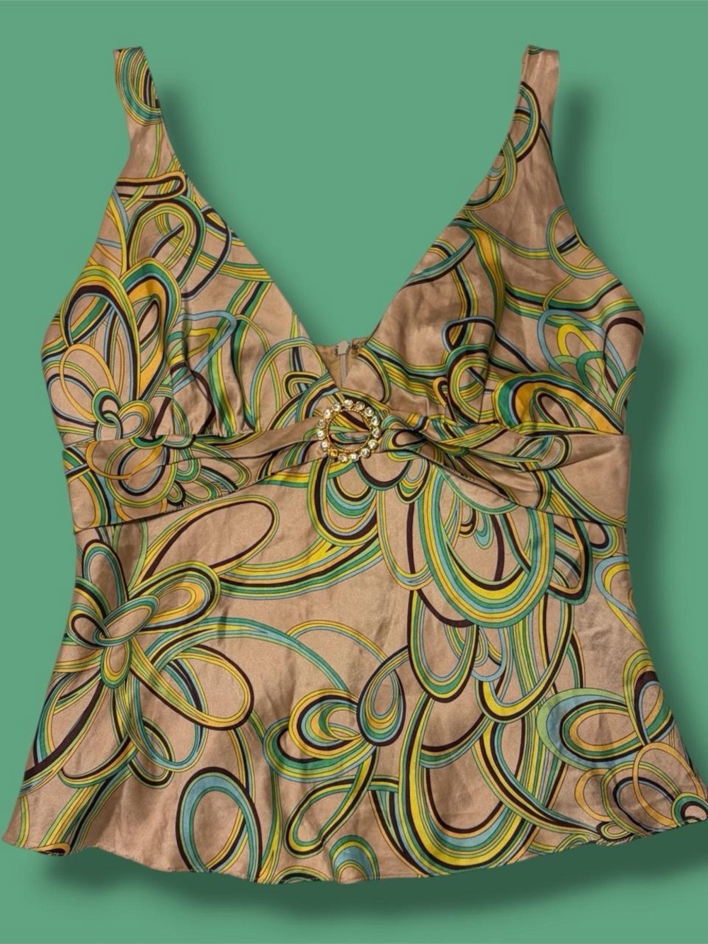 Y2K Silk Graphic Babydoll Top Size Medium Boho Hippie Going Out